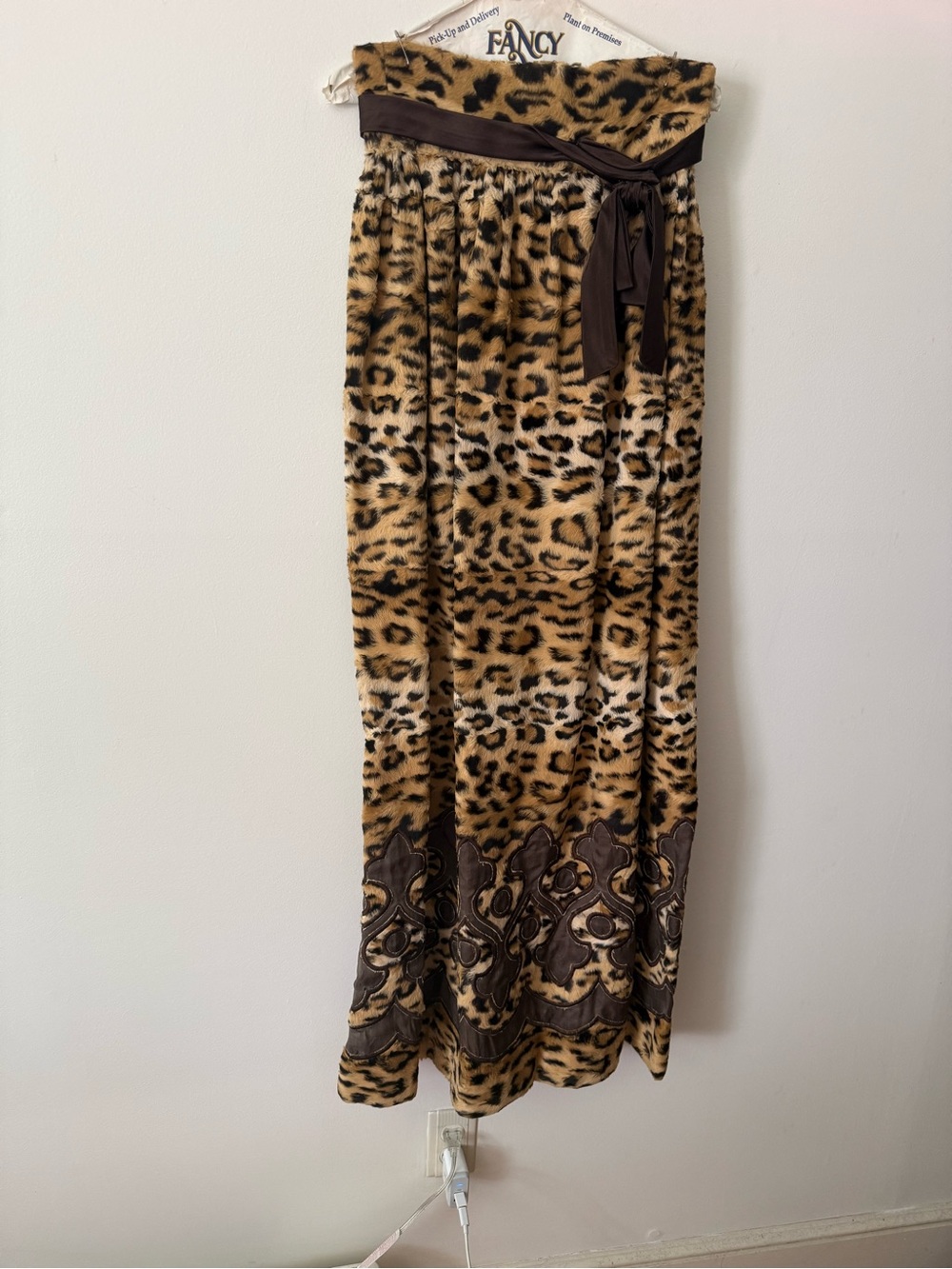 VTG Leopard Print Maxi Skirt/Dress with Brown Sash and Embroidered Hem